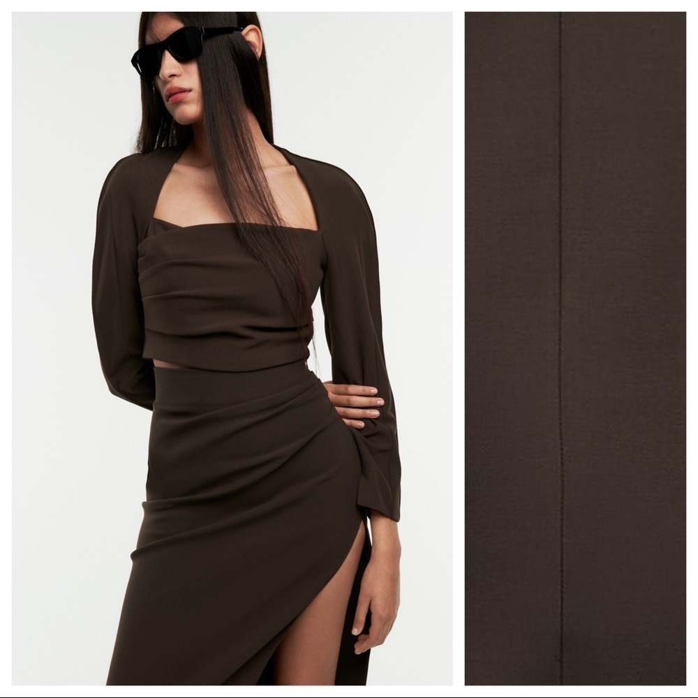 NWOT. Zara Brown/Taupe Voluminous Structured Draped Crop Top. Size L.